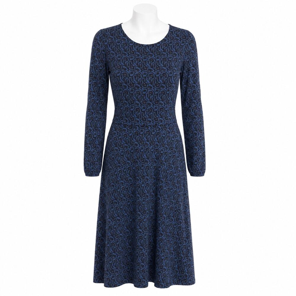Boden Midi Dress Size 6 Blue Black Floral Long Sleeve Modest Classic Work Fall